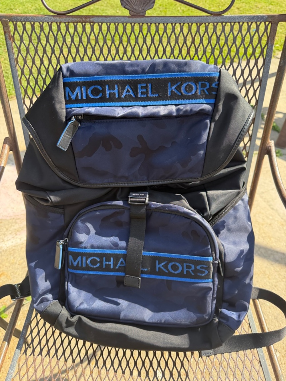 Michael Kors Navy Blue Camo Logo Backpack with Black Trim